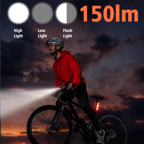 Kunhe Rechargeable Bike Horn with Light Bicycle Front and Rear Lights 2 Sets 1200mah Battery 120dB Bicycle Bell 150 lumens 3 Light Modes 5 Horn Modes Suitable for Children and Adults Night Riding