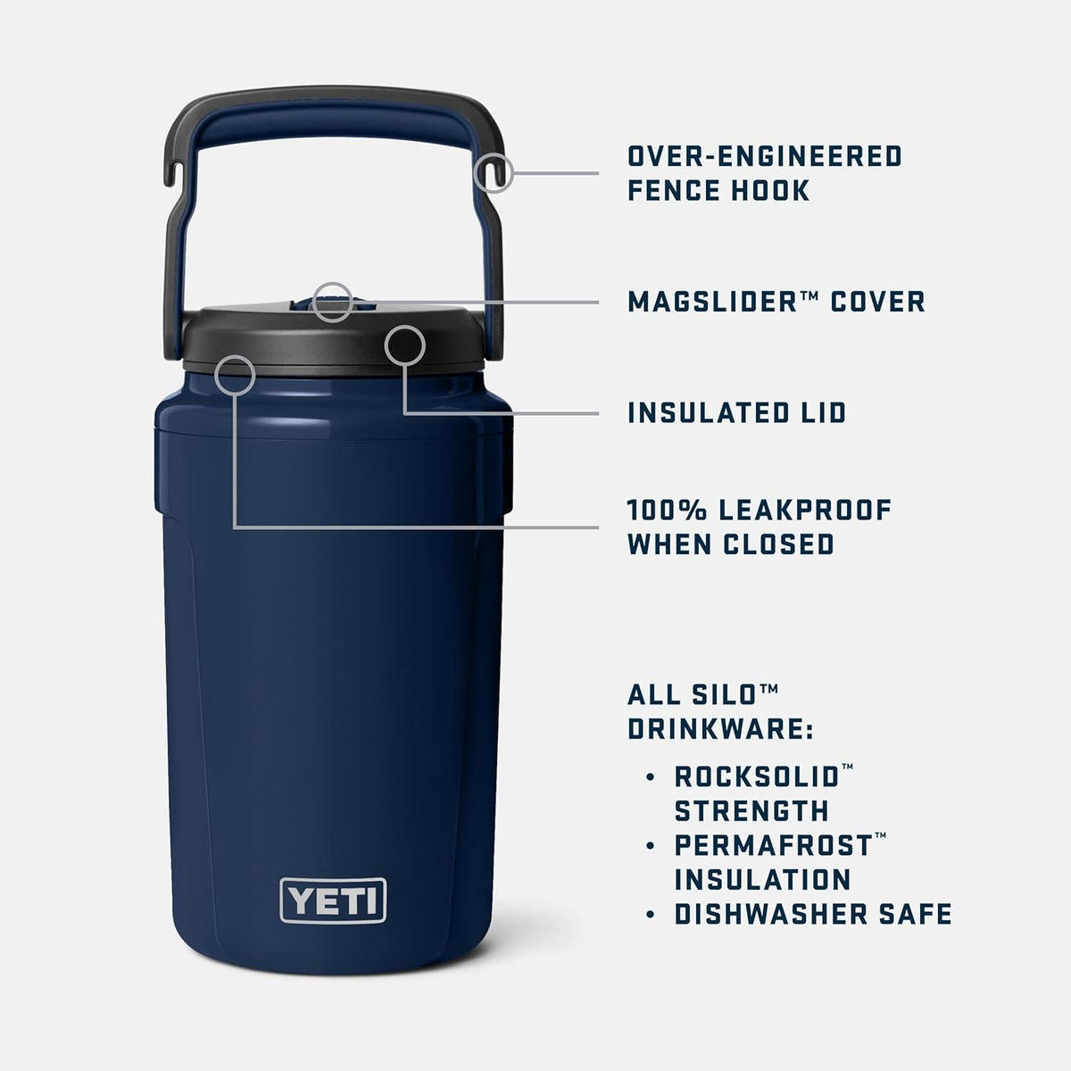 YETI Silo Half Gallon Insulated Water Jug - Lightweight, Leakproof Sports Bottle with Straw Cap & Fence Hook - Navy