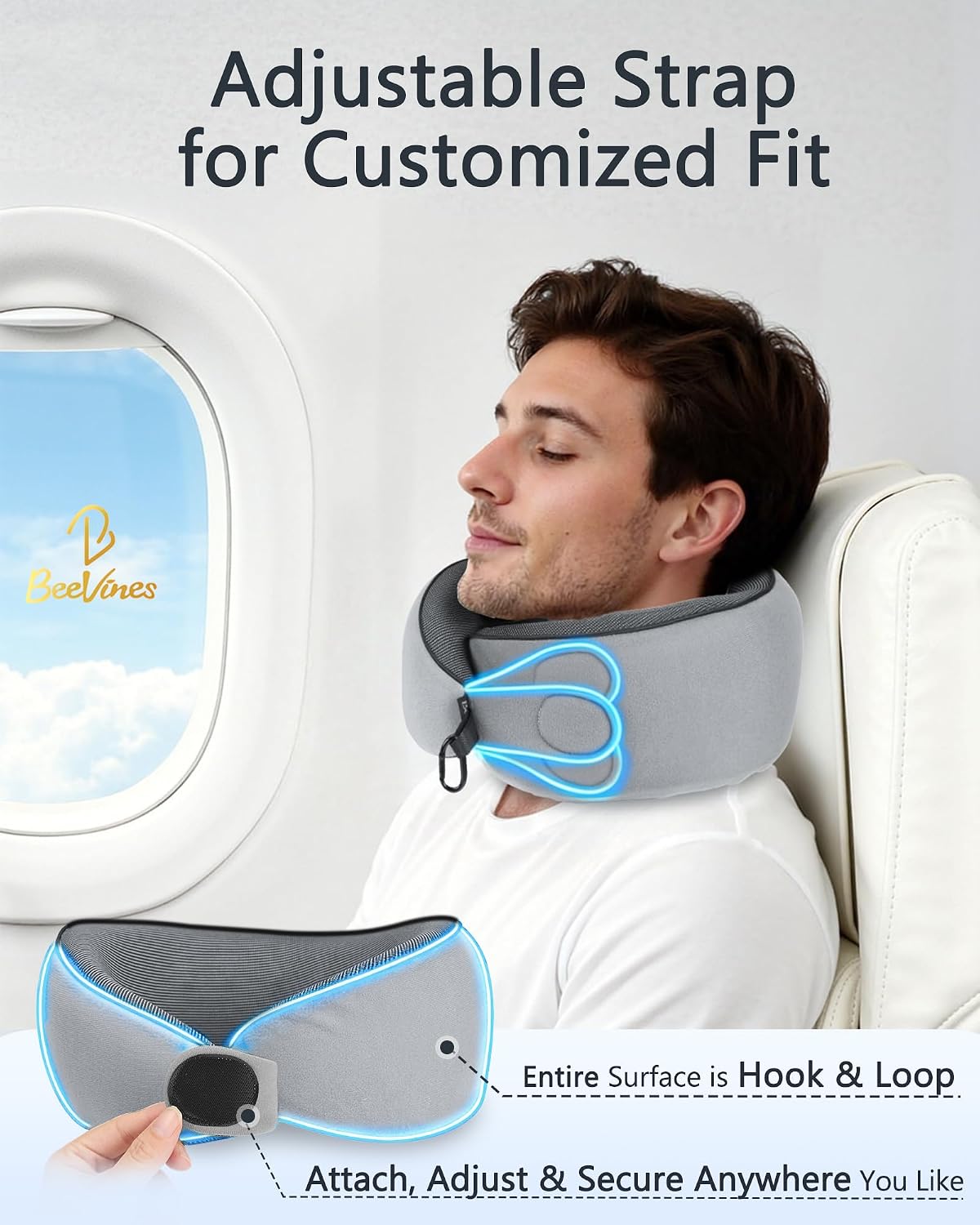 BeeVines Travel Pillow with Carry Case, Memory Foam Neck Pillows for Airplanes, 360° Wrap Around Support for Sleeping, Breathable & Washable Cover for Long Flights, Car & Train Traveling