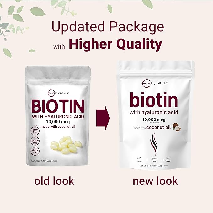 Micro Ingredients Biotin 10,000mcg w/Hyaluronic Acid 25mg | 365 Virgin Coconut Oil Softgels, Fast Release, One Year Supply, Supports Healthy Hair, Skin & Nails, Non-GMO & No Gluten