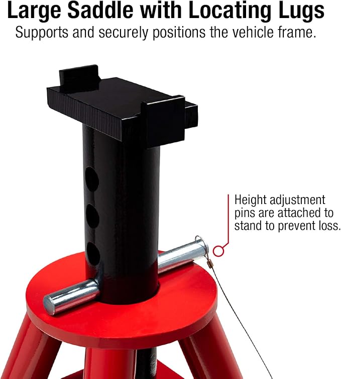 Sunex 1310 10-Ton Medium Height Pin Type Jack Stands, Pair & MAXXHAUL 70472 Solid Rubber Heavy Duty Black Wheel Chock 2-Pack, 8" x 4" x 6"