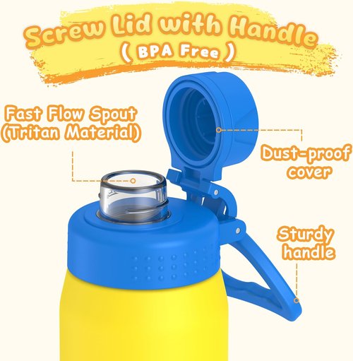 GOPPUS Kids Water Bottle - 19oz Stainless Steel Insulated, Leakproof, BPA Free - Yellow for School