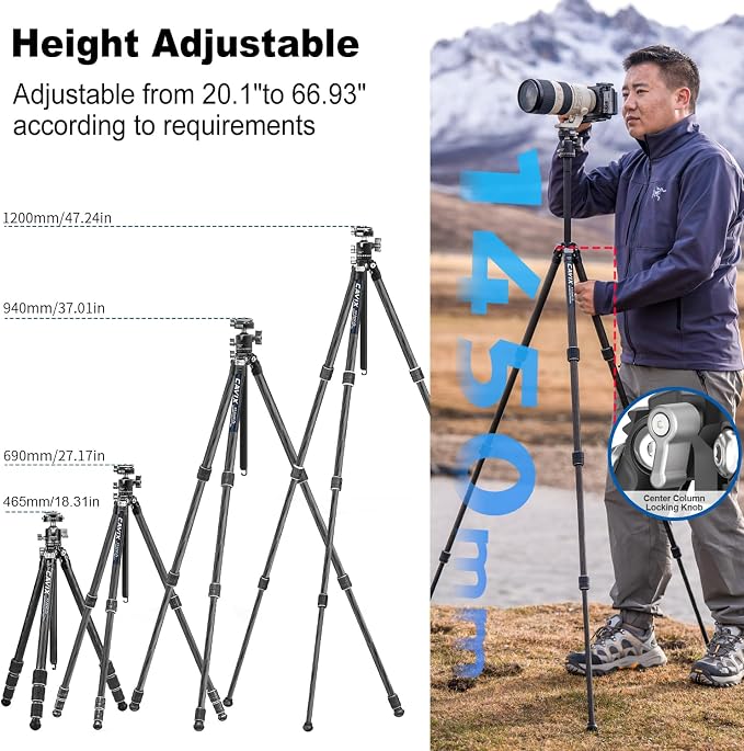 CAVIX 57"/145cm Carbon Fiber Tripod, Lightweight Tripod