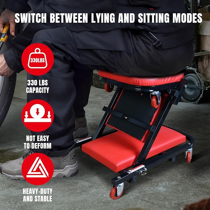 Big RED ATW4015ZR Torin ，40" Foldable Z-Creeper Seat，2-in-1 Garage/Shop Creeper，330 lbs Capacity，Low Profile Creeper with 6 pcs Wheels for Auto Repair，Garage and Shop，Lay Down or Sit，Red