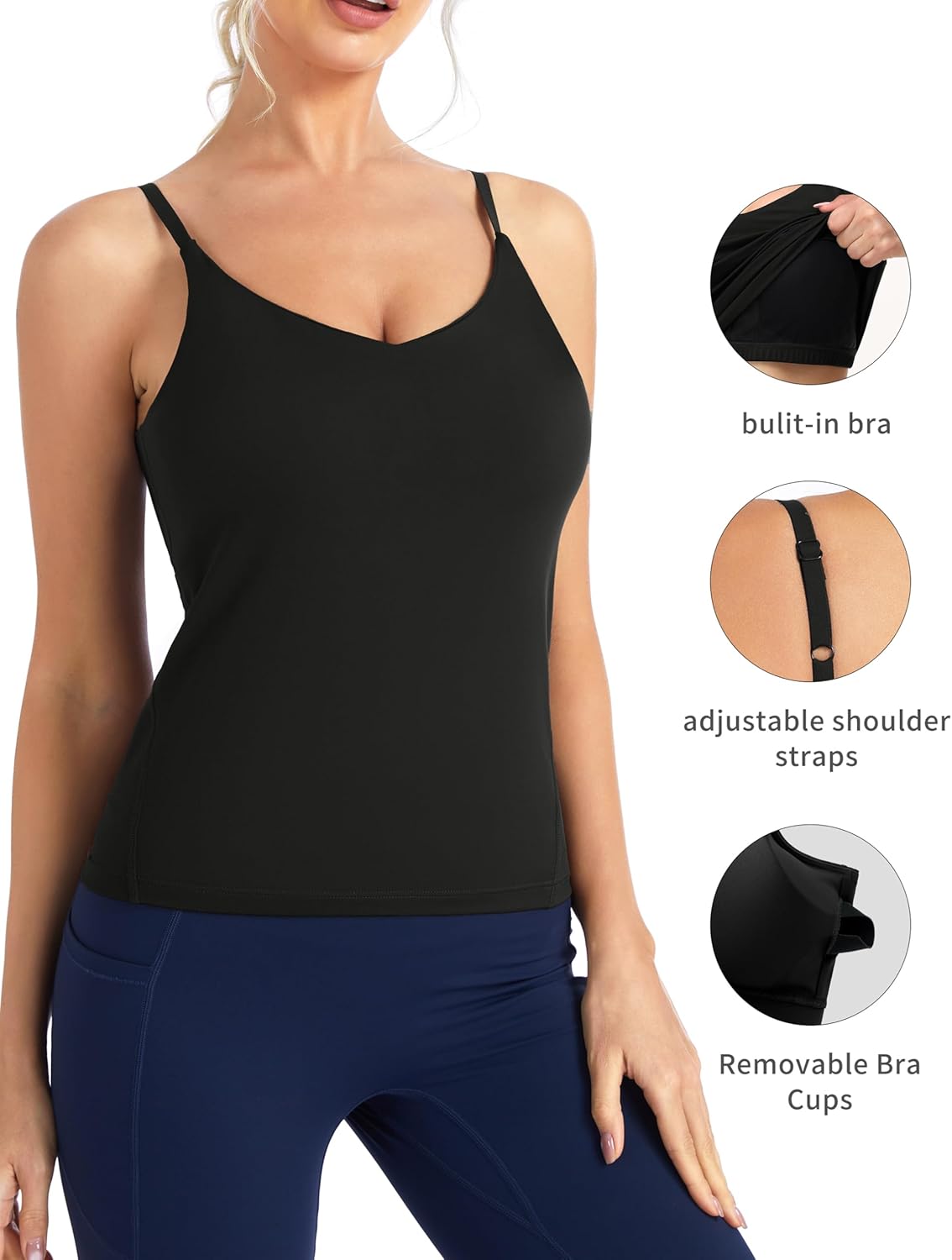 The Gym People Women's Longline V-Neck Sports Bra - Adjustable Spaghetti Straps & Removable Pads | Yoga & Workout Top
