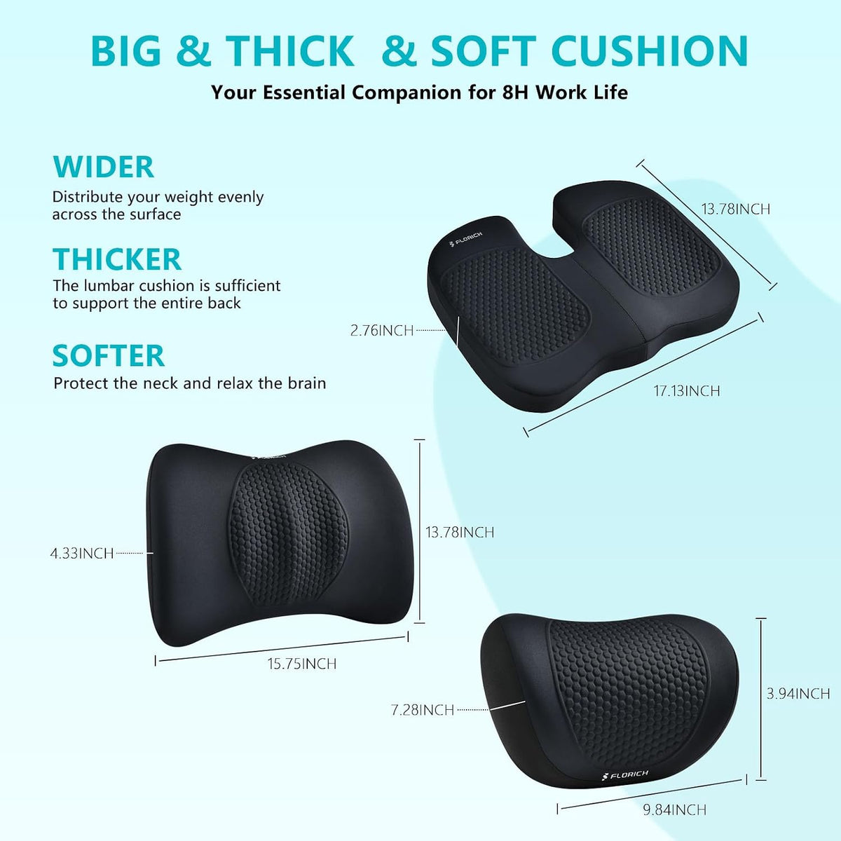 FLORICH 3 PCS Seat Cushion for Carseat Lumbar Support Pillow Car Neck Headrest Pillow 100% Memory Foam Seat Pads Pressure Relief Back Cushion for Office Chair(Black)
