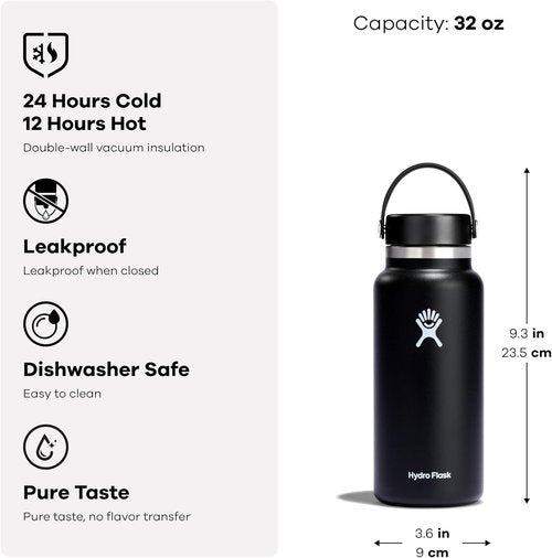 Hydro Flask Water Bottle - Insulated Stainless Steel - 32 Oz Black with Wide Mouth Flex Lid