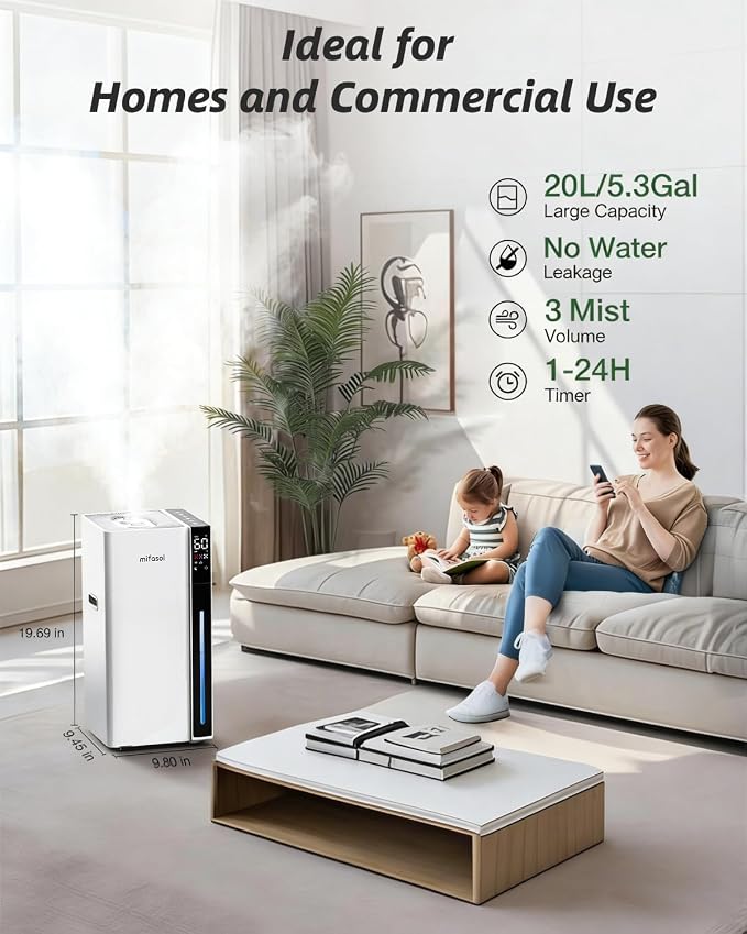Mifasol Humidifier Large Room, 5.3Gal/20L Large Room Humidifiers for Home, Up to 1500 sq ft Whole House Humidifier, Cool Mist Humidifiers for Bedroom Plants Office Commercial Areas, White