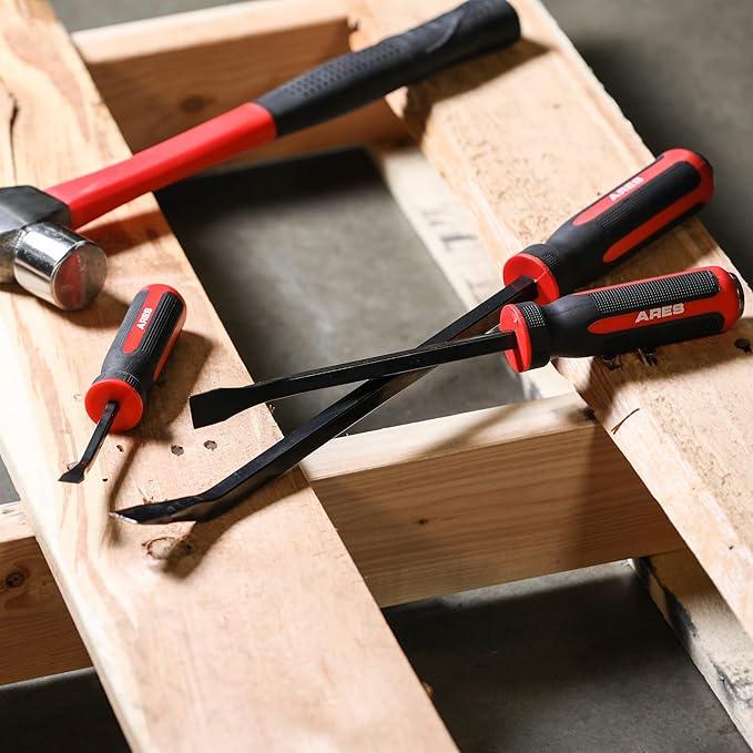 ARES 46007-17.5-Inch Pry Bar - Angled Tip for Lifting and Prying - Comfortable Non-Slip Double Injection Handle