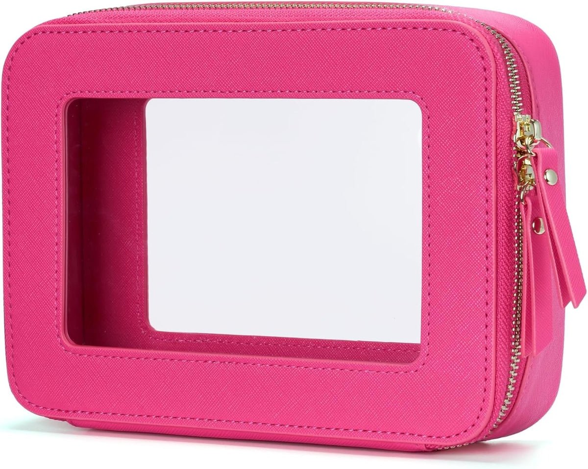 Popvibe Clear Makeup Bag Travel Cosmetic Case Transparent Toiletry Bag with Zipper, Portable Make Up Organizer Traveling Compact Car Bag for Essentials, Hotpink, Medium