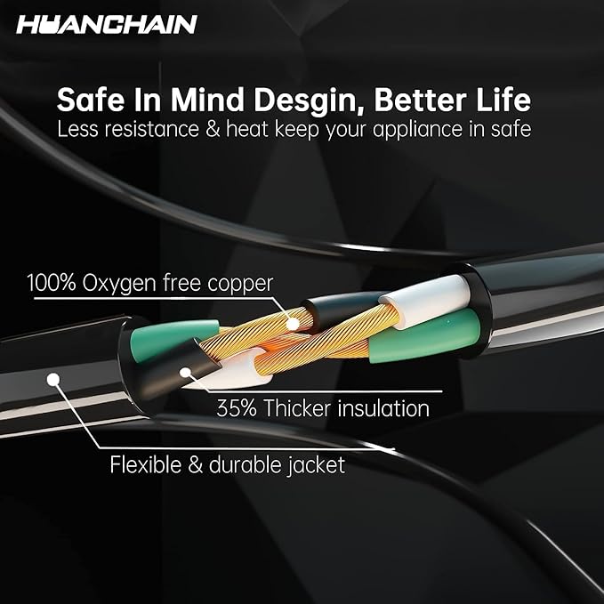 HUANCHAIN Indoor Outdoor Black Extension Cord 3 ft Waterproof, 16/3 Gauge Flexible Cold-Resistant Appliance Extension Cord Outside, 13A 1625W 16AWG SJTW, 3 Prong Electric Cable, ETL