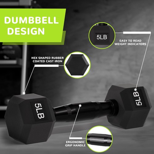 Fitvids Hex Dumbbell - Rubber Encased Hand Weights with Anti-Slip Metal Handle | Multiple Sizes Available