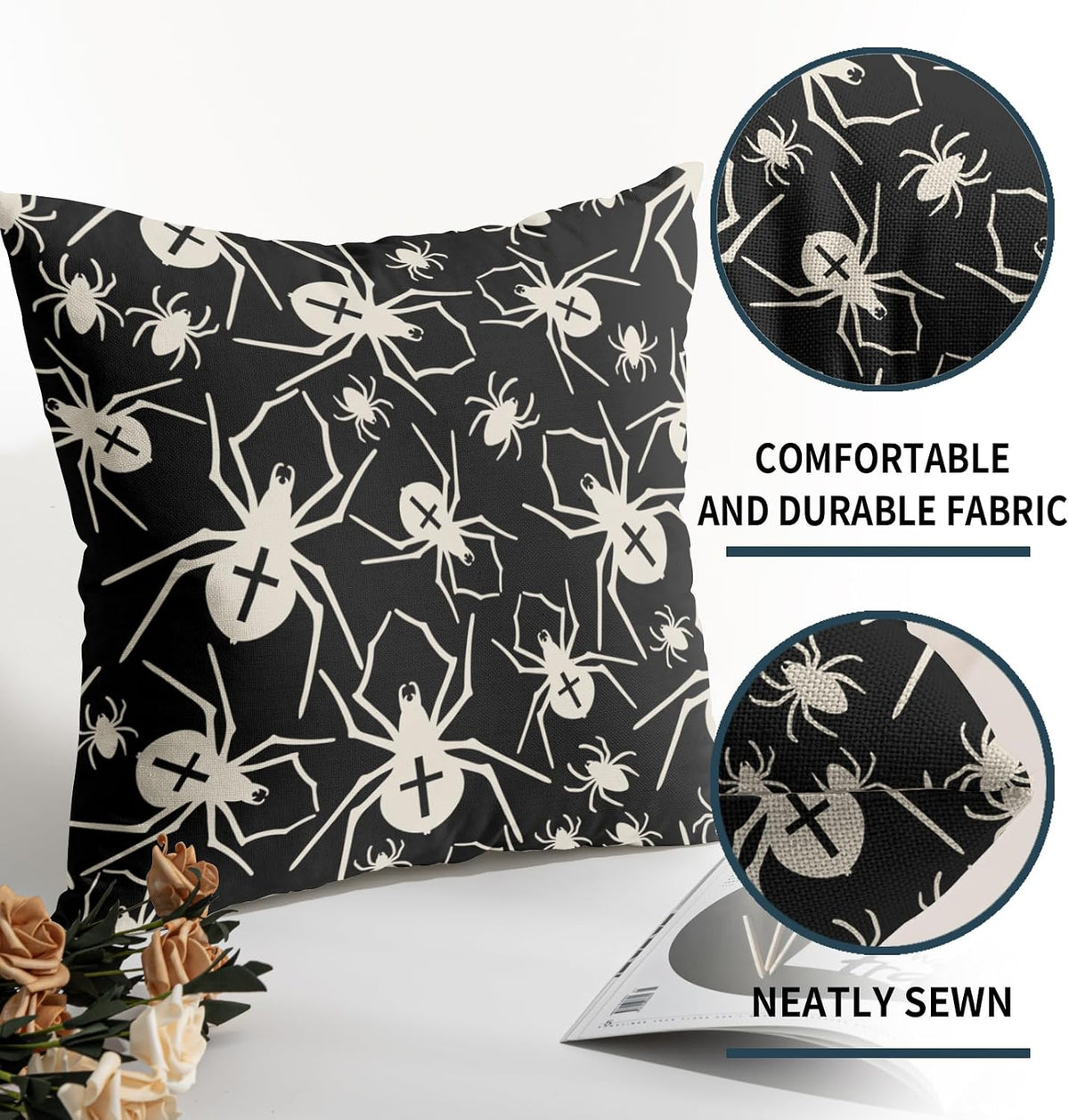 Black Halloween Pillow Covers 18x18 Set of 2 Cream Spider Print Outdoor Decorative Throw Pillows Holiday Scary Themed Farmhouse Pillowcases Linen Cushion Case Decor for Home Sofa Couch Bed