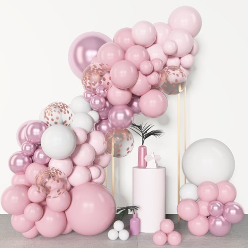 Amandir 153-Piece Pink & White Balloon Arch Garland Kit | Pastel Latex & Metallic Confetti Balloons for Weddings & Parties
