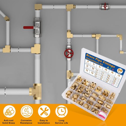 KOOTANS Brass Pipe Fittings Assortment Kit - 96PCS NPT Adapters, Reducers, Hex Nipples & More