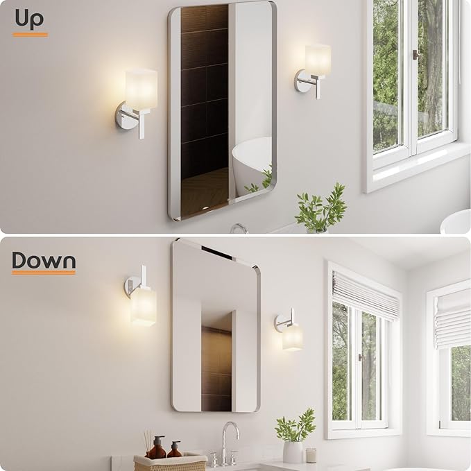 Wall Sconce Polished Chrome Bathroom Light Fixture with White Frosted Glass Shade, Vanity Lightings for Mirror Hallway Entrance Porch T002CH-L1