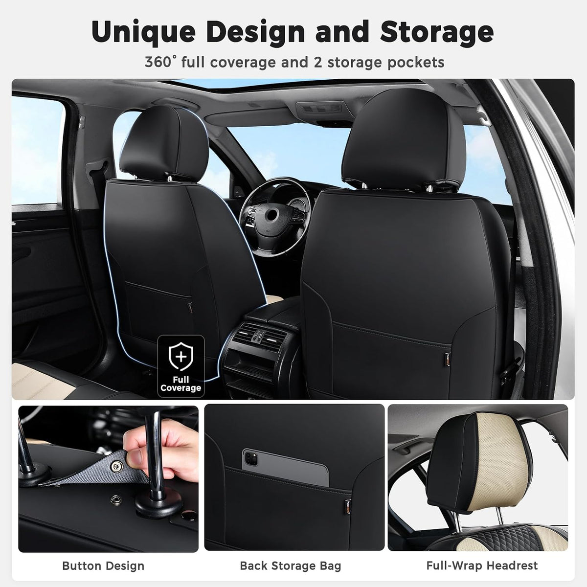 Huidasource Leather Car Seat Covers Full Set 5 Seats, Waterproof Faux Leather Front & Rear Seat Cover with Headrest, Non-Slip Automotive Seat Covers Fit for Most Cars Trucks SUV, Black&Beige