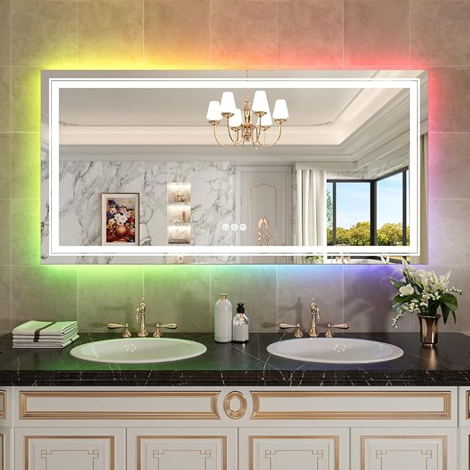 WTTY RGB LED Mirror for Bathroom,72"x32" Large LED Bathroom Mirror with Backlit and Front Light,Stepless Dimmable,Anti-Fog,Lighted Bathroom Vanity Mirror for Wall,Shatterproof,Memory Function