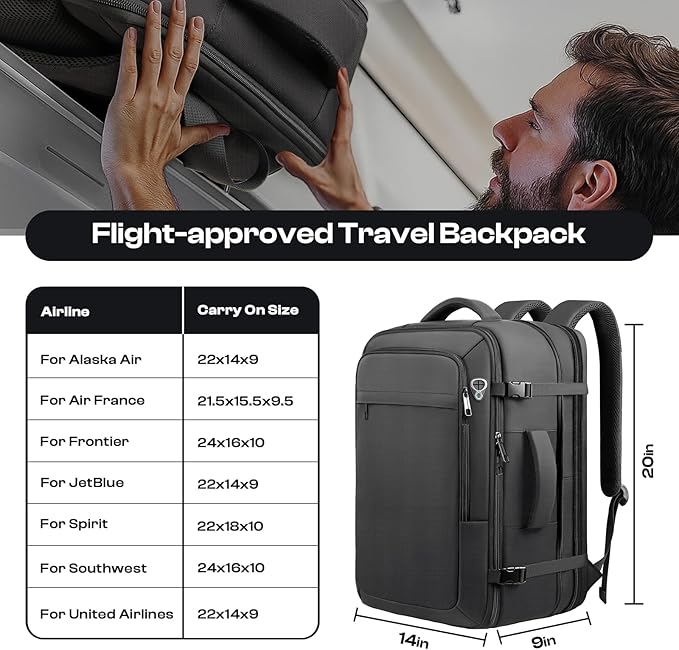 Carry on Backpack for 1-10 Days Trips, Extra Large 40L-50L Travel Backpack TSA