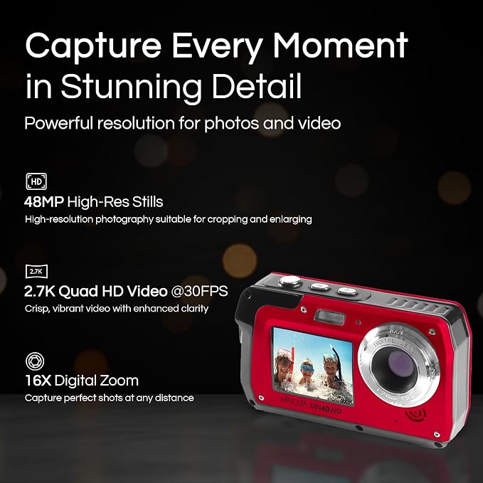 Minolta MN40WP 48MP Waterproof Digital Camera – Dual LCD Screens, 2.7K QHD Video