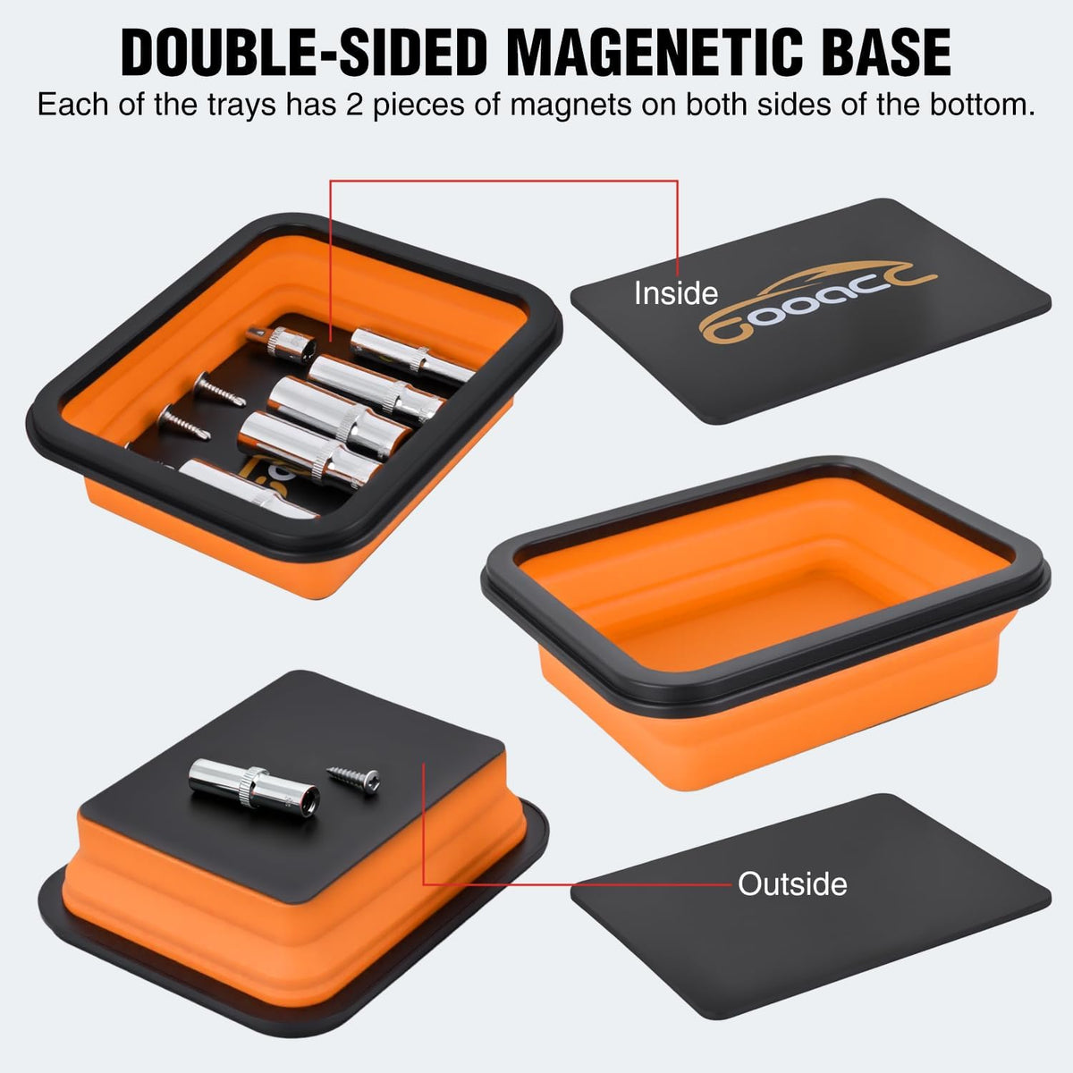 GOOACC 3 Sizes Collapsible Magnetic Parts Tray Set Orange