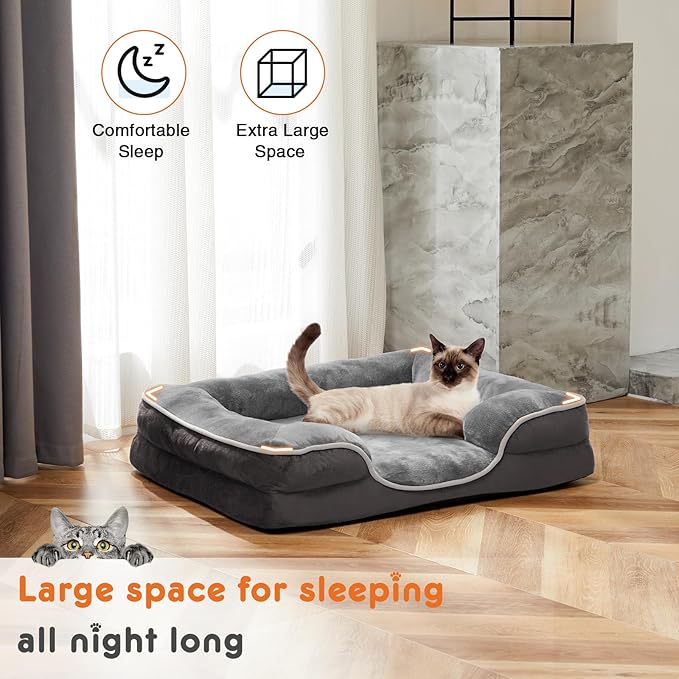 Sweetcrispy Orthopedic Dog Bed, XL Large Memory Foam Puppy Cat Bed with Washable Waterproof Removable Cover & Non-Slip Bottom for Pet Calming Sleeping (42"x32", Gery)