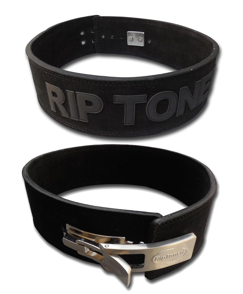 Weight Lifting Belt by Rip Toned - 10mm 4-Inch Leather Lever Belt - Bonus Lifting Straps for Men & Women - Back Support for Weightlifting, Powerlifting, Bodybuilding (Black, Large)
