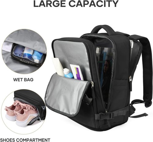 Coowoz Large Travel Backpack - Waterproof Hiking Rucksack for 15.6" Laptop | Flight Approved, Black