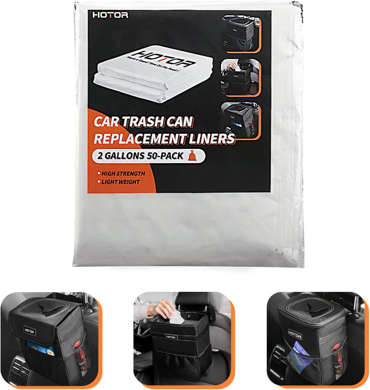 HOTOR Car Trash Can Black and Trash Bags Car Trash Can(2 Gallons 50 Pack)
