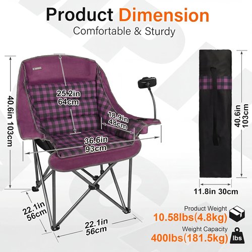 Heavy Duty Oversized Camping Chair by [Brand Name] - Extra Large Folding Padded Chair in Purple Plaid for Outdoor Comfort