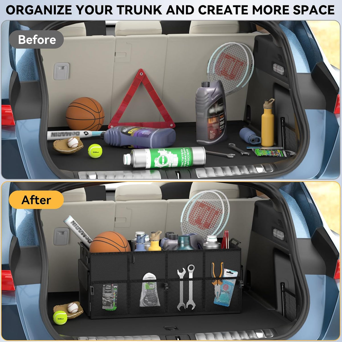 Car Trunk Organizer for SUV 60L Backseat Car Organizer Back Seat Large Storage Trunk Compartment Collapsible Car Caddy Heavy Duty Truck Storage Bin w/6 Pockets Adjustable Straps Cargo Van Jeep Sedan