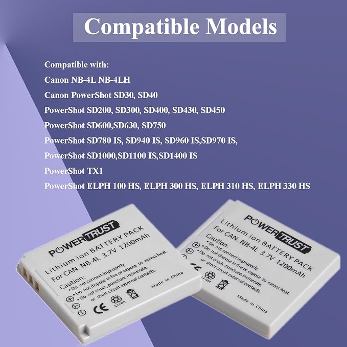 2-Pack 1200mAh 3.7v NB-4L Battery and LCD USB Charger