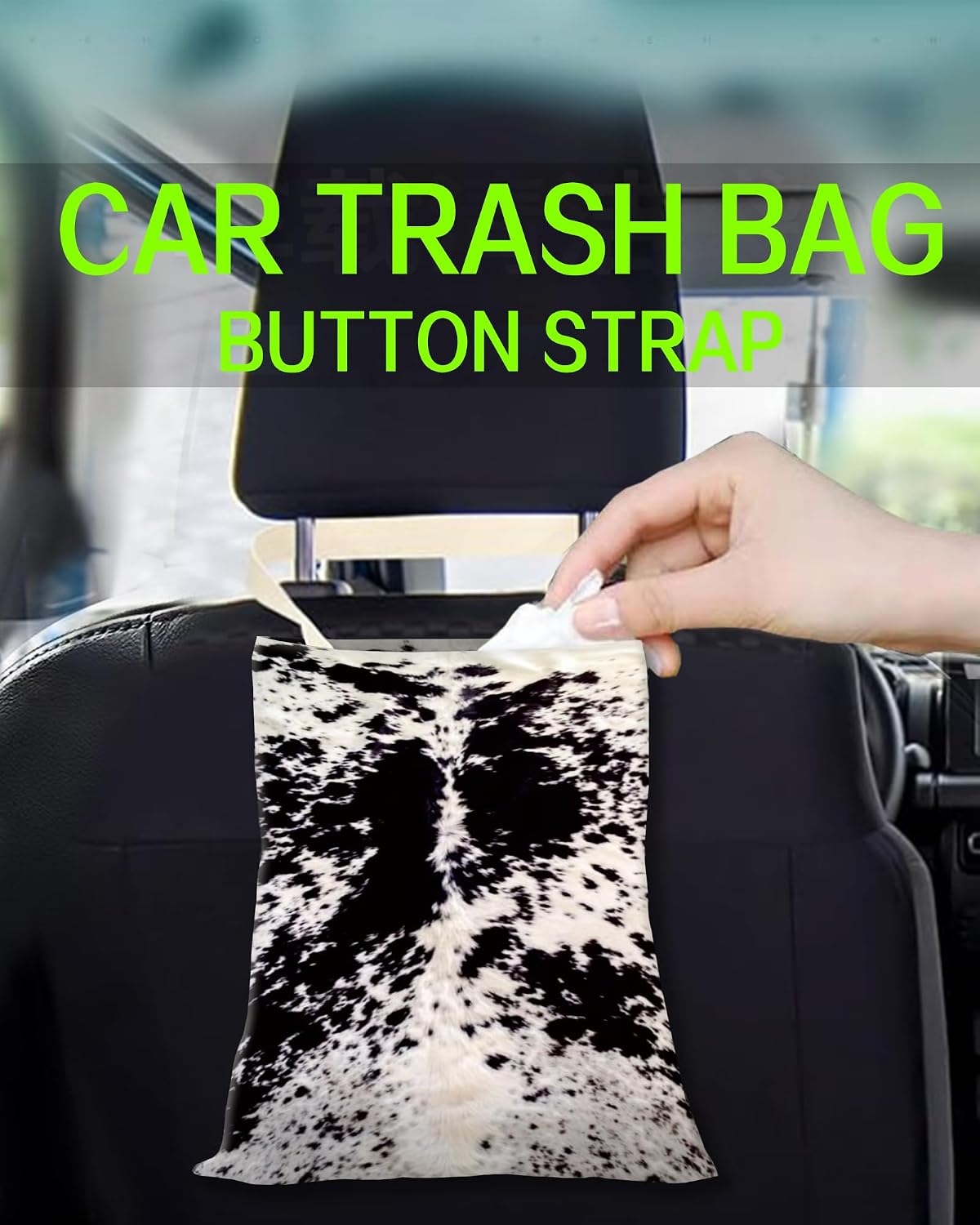 Hanging Car Trash Can Bag - Black & White Cowhide, Retro Design, Back Seat Organizer for Travel, Camping & Vehicle Accessories