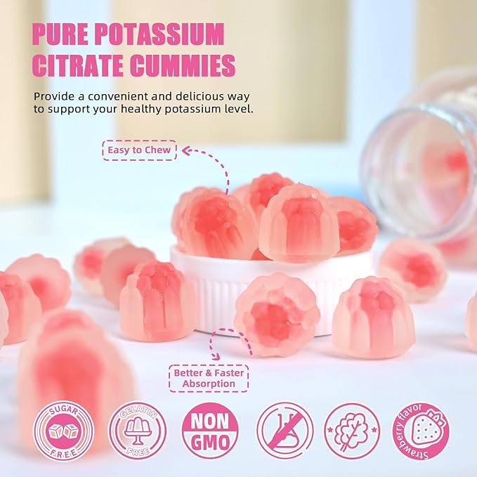 Potassium Gummies Supplement Men Women - High Potassium Citrate Gummies Sugar Free for Adults Kids Support Leg Cramps Electrolyte Balance Vegan Non-GMO Organic Strawberry Flavor 60 Counts