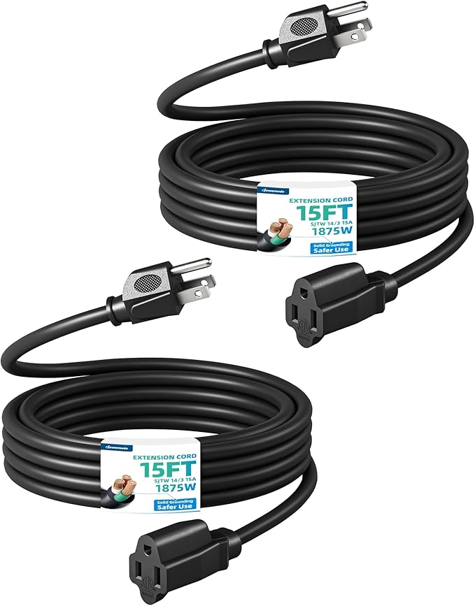 DEWENWILS Extension Cord 15ft, 14/3 SJTW Weatherproof Power Cable for Indoor Outdoor Use, 3 Prong Heavy Duty Power Cord, Black, ETL Listed, 2 Pack