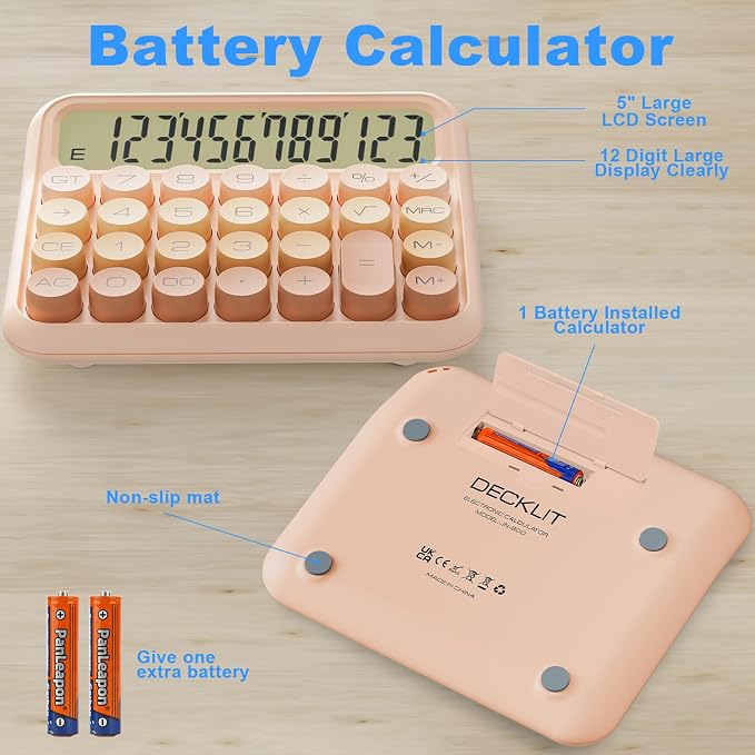 Mechanical Calculator 12 Digit Extra Large 5-Inch LCD Display, DECKLIT Battery