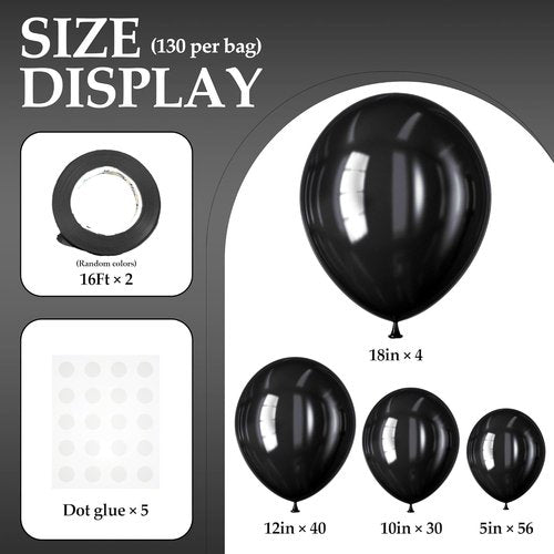 DECOCKRAT Black Latex Balloons Set - 130PCS in Various Sizes (5-18 Inch) for Parties & Celebrations