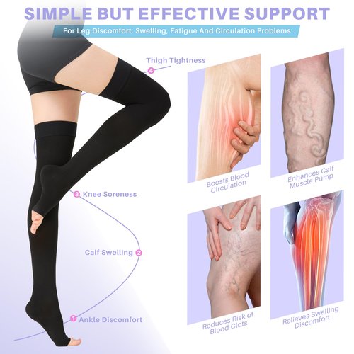 20-30 mmHg Thigh High Compression Stockings for Women, Open Toe with Stay-Up Dot-Top - Relief for Varicose Veins, DVT, Swelling, Pregnancy & Travel, Black, Large