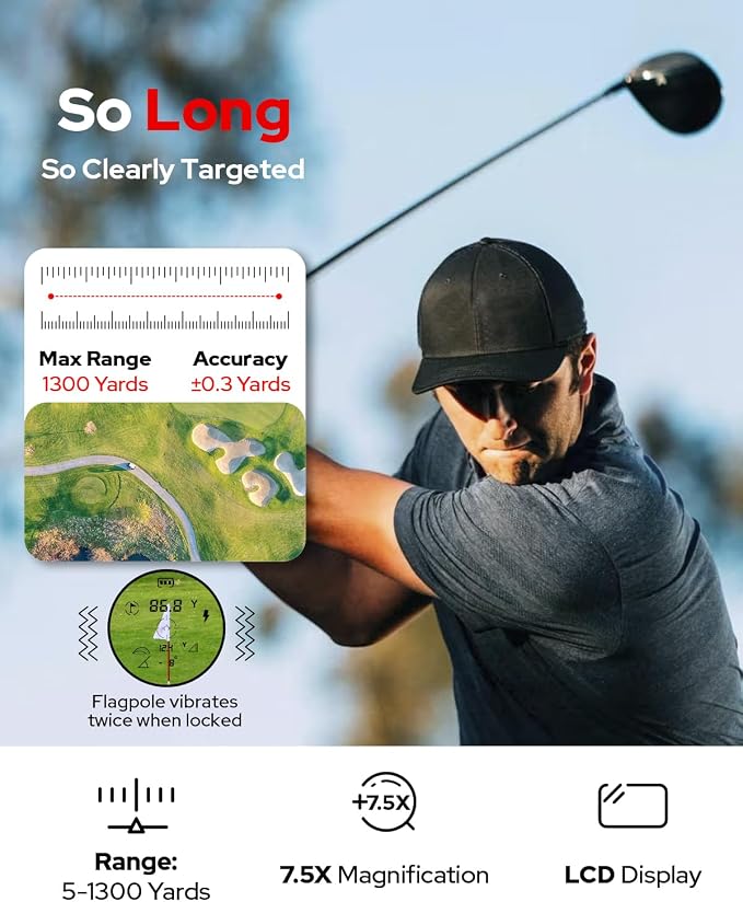 GF2 Golf Rangefinder with Slope, 1300 Yards Laser Range Finder, 7.5X