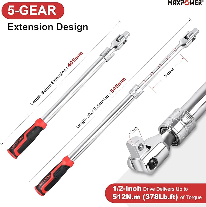 MAXPOWER Breaker Bar, 1/2-Inch Drive Extendable Breaker Bar Flex Handle Length Adjustment 15.9 inches to 21-1/2 inches