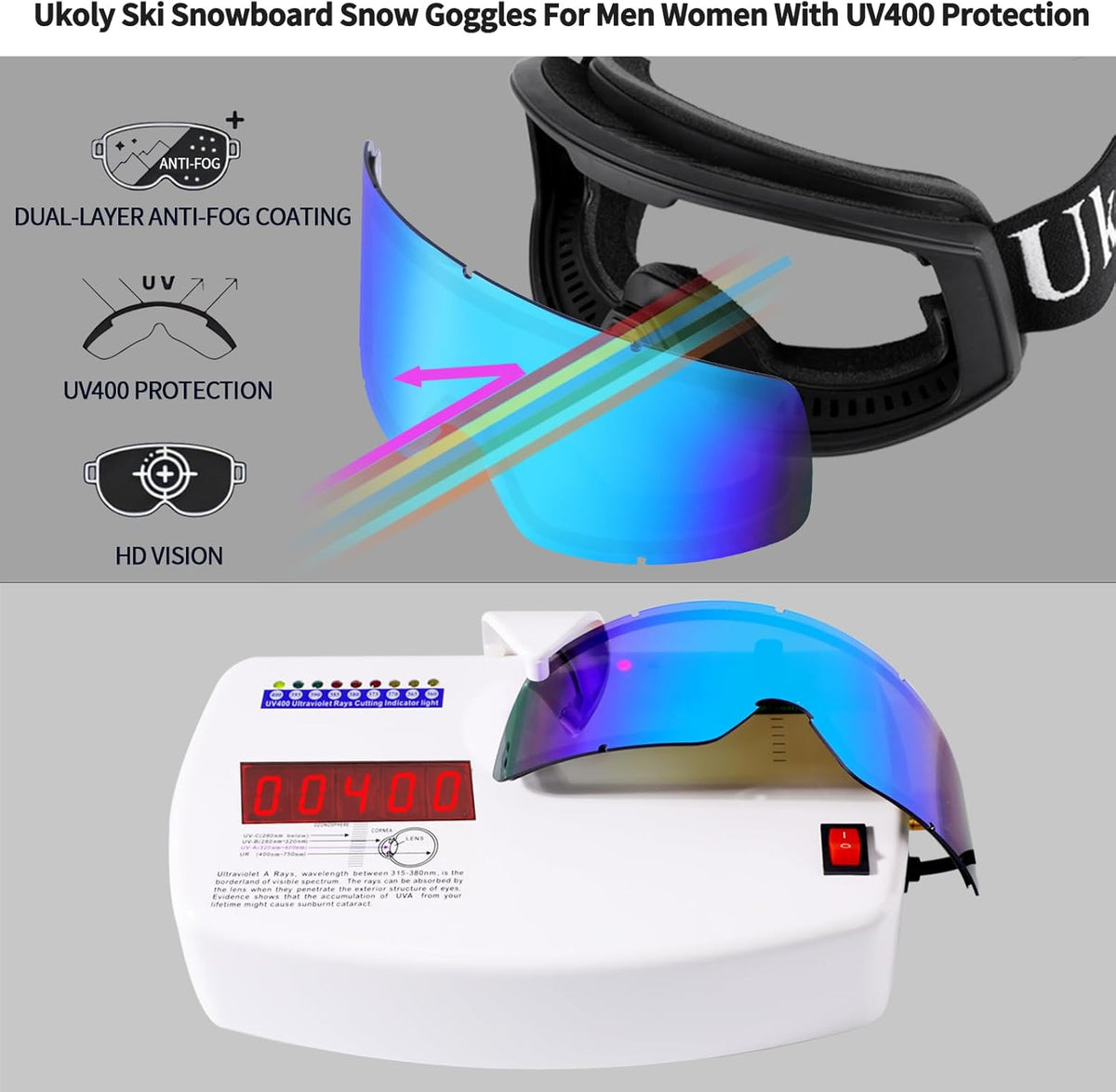 Ukoly Ski & Snowboard Goggles - HD Anti-Fog Lens, UV400 Protection, OTG Design for Men & Women
