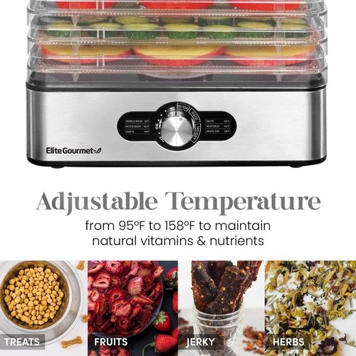 Elite Gourmet Food Dehydrator - Stainless Steel Trays with Adjustable Temperature Control | Perfect for Jerky, Herbs, Fruits, and Veggies