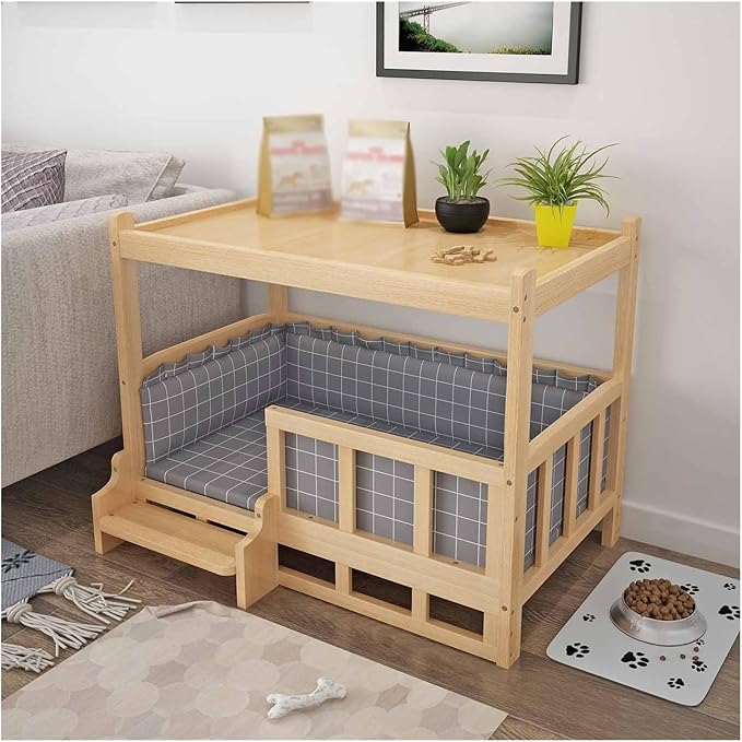 XPLKQXE Dog Bed Wood Platform, Elevated Pet Cushion Bed, Animal Couch with Mattress, Dog Beds & Furniture Rest Cot, Portable Fence Bed Pet Up to 45kg/100lbs(Color:Gray,Size:60x45x65cm)