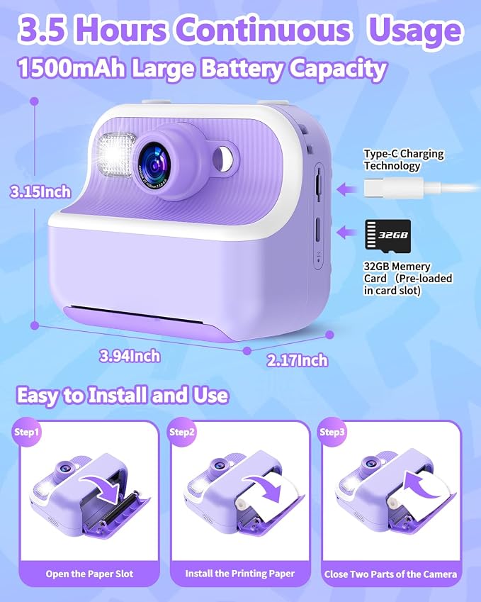 Instant Print Camera for Kids, Christmas Birthday Gifts for Girls Boys