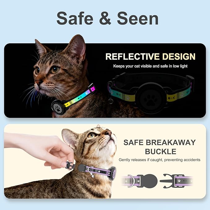 Airtag Cat Collar Breakaway, Reflective Cat Collar with AirTag Holder and Bell, Compatible with Apple Air Tag, Comfortable Padding, Adjustable, Durable (Purple, S)