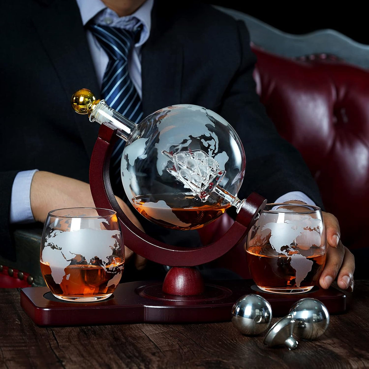PONPUR Whiskey Decanter Globe Set - Includes 2 Glasses & 2 Ball Stones | Perfect Gift for Men, Dads & Husbands
