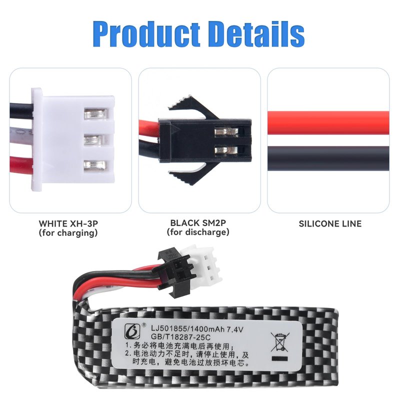 OooSure 2 pcs 7.4V 1400mAh 25C 501855 Lipo Airsoft Gun Batteries with 2S Charging Cable and SM2P to Mini Tamiya Switch Cable for Airsoft Gel Guns repalce Battery for STD-X2(2 PCS)