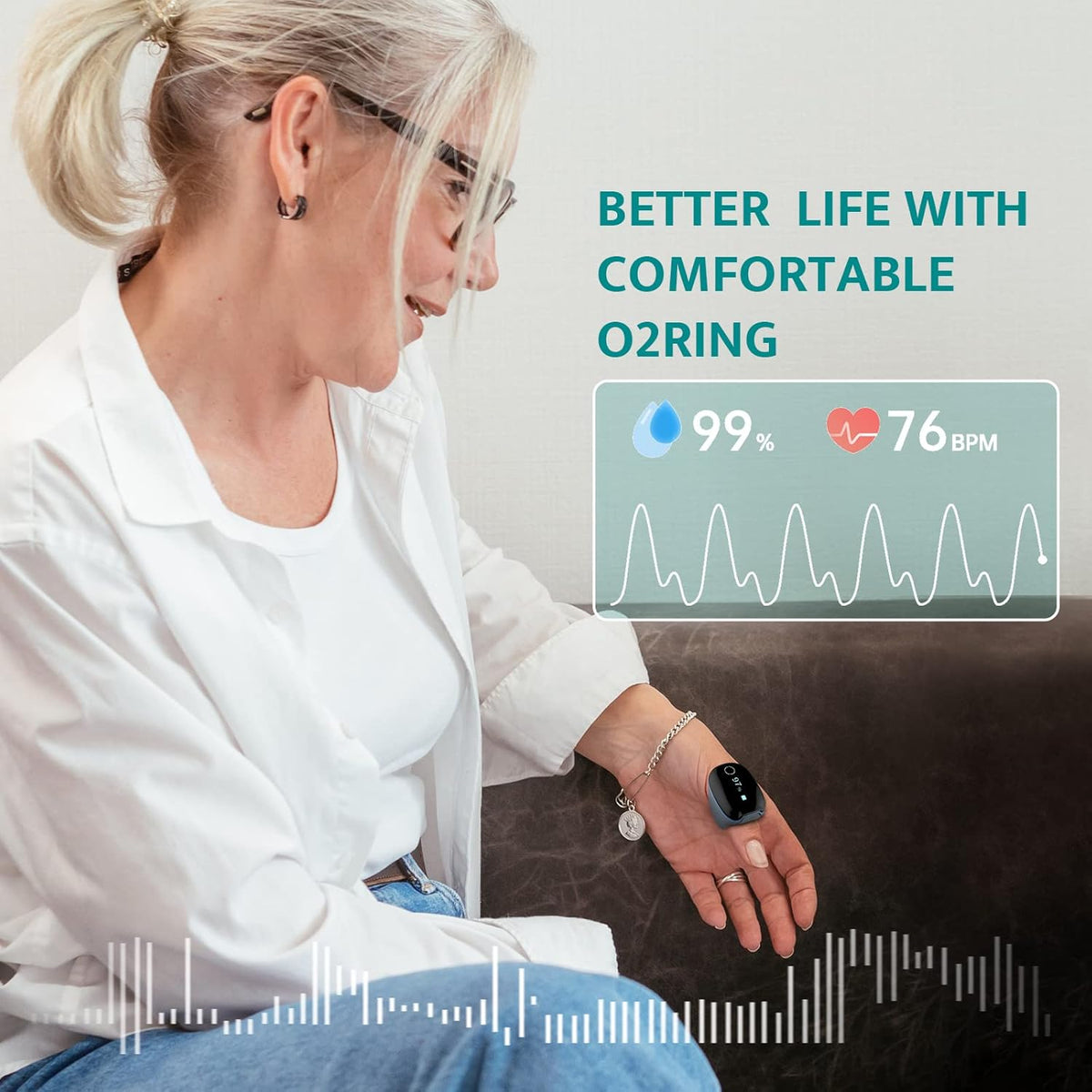 Wellue O2Ring Pulse Oximeter - Bluetooth Rechargeable Oxygen Monitor with Continuous Tracking & Free App