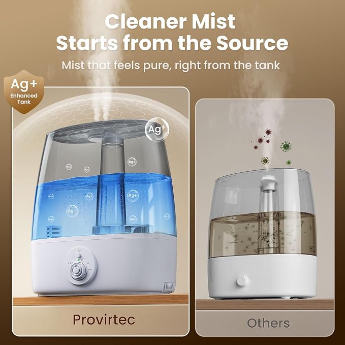 6.5L Stay Clean Tank Humidifier for Large Room, Low Maintenance, Top Fill Design, Ultra Quiet 65H Runtime, Cool Mist Ultrasonic for Bedroom, Home, Plants HC12