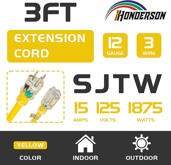 Extension Cord Weatherproof with Lighted End, UL Listed, 12 Gauge 3FT Yellow 3 Prong Heavy Duty, 12/3 SJTW 15A Power Cord for Lights, Lawn